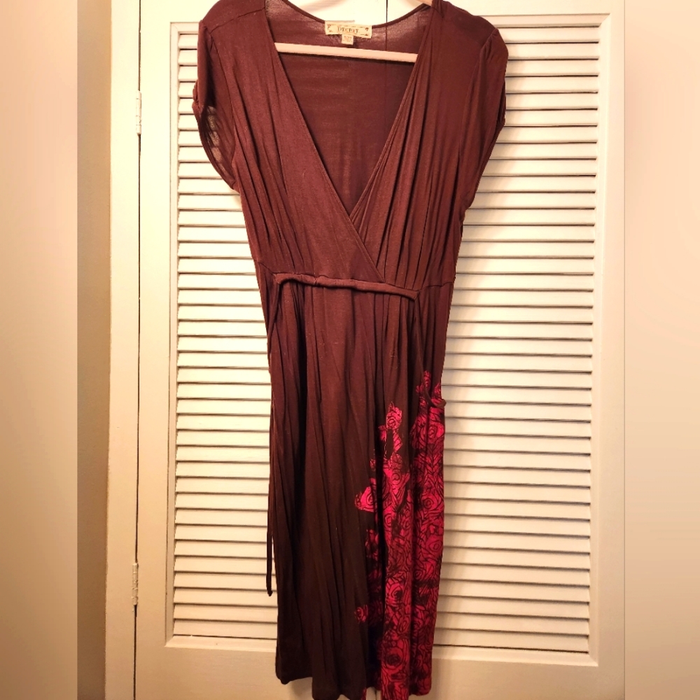 Brown and magenta dress, faux wrap with ties on each side.